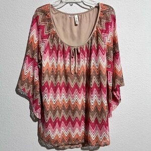 Tacera Multicolor Chevron Lace Bell Sleeve Lined Blouse 18